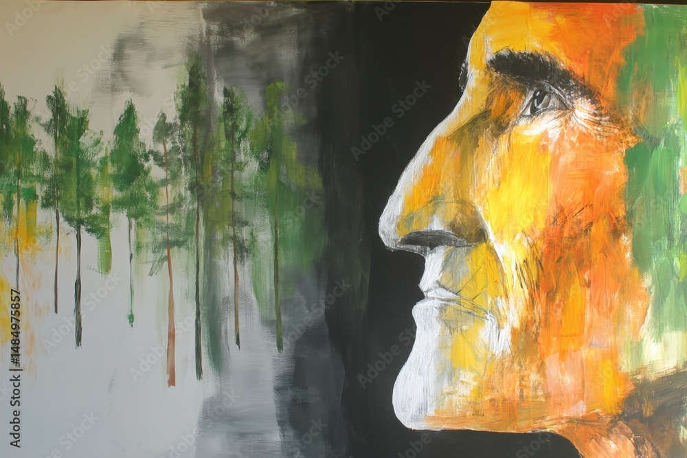 Poster abstract painting of a thoughtful face in profile with a forest of trees blending into the backgroun