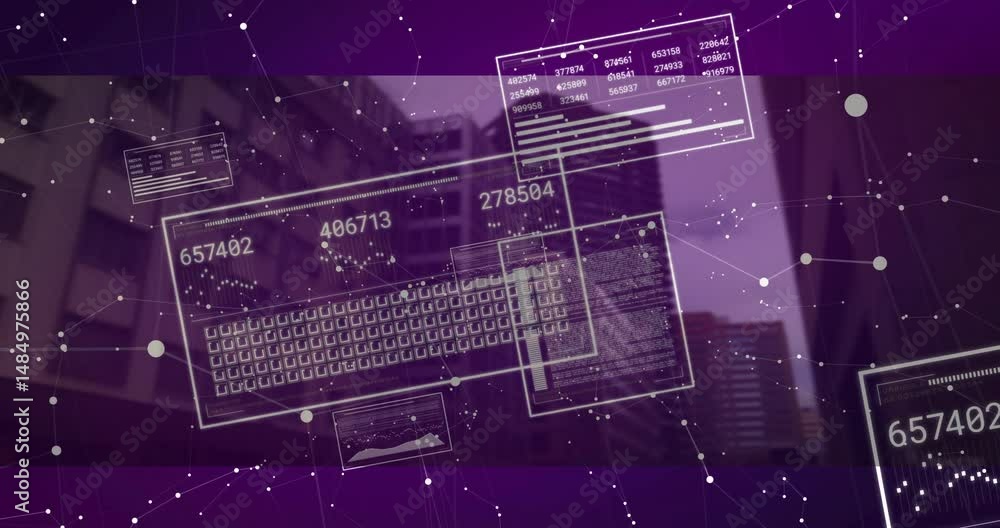 Poster 3d render showing data panels floating over cityscape with numeric charts and glowing network nodes