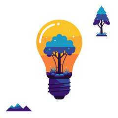 Light bulb with tree and mountains in vibrant modern illustration  