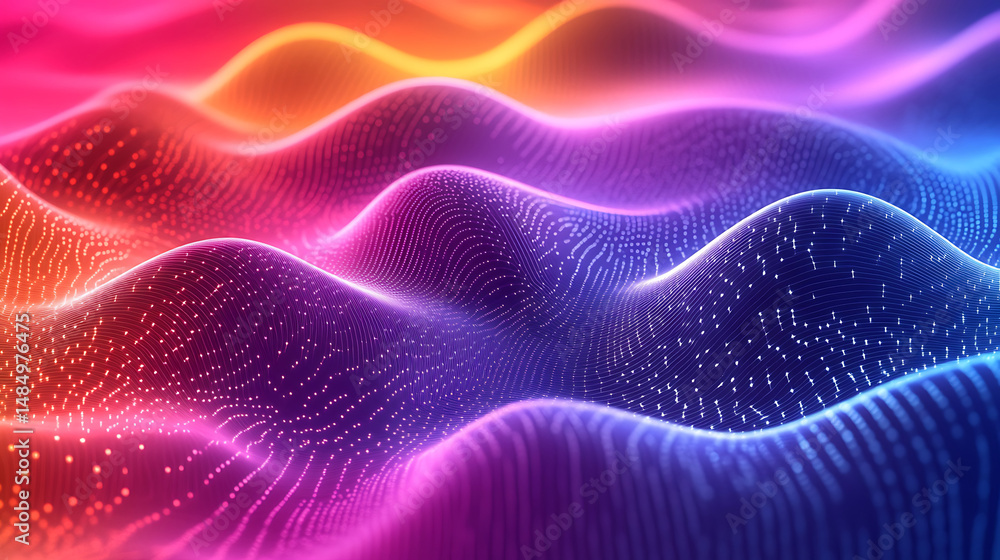 Poster abstract wavy landscape background with glowing particles and vibrant color gradient effect