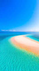 Fototapeta premium A pristine, crescent-shaped sandbar emerges from turquoise water, meeting a vibrant blue sky; gentle waves lap the pale, pink-tinged shore under a clear sun