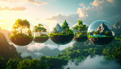 Floating Glass Biomes – Miniature Ecosystems in the Sky at Sunset