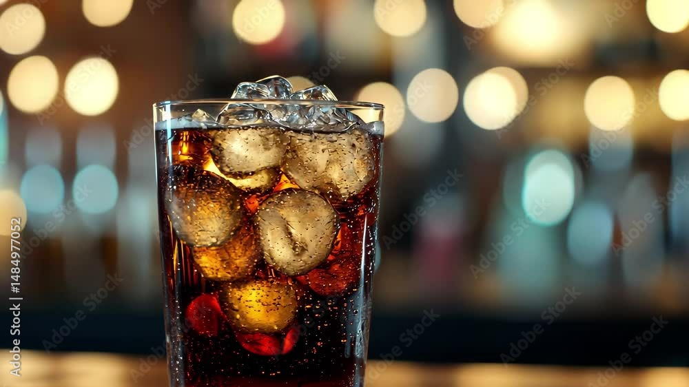 Poster refreshing glass of soda with ice on bar top surrounded by a bokeh background at a lively venue, gla
