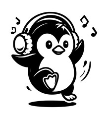 Fototapeta premium Funny Dancing Penguin Earmuffs Vector Logo