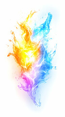 Fototapeta premium Abstract artwork depicting a vibrant, swirling fusion of warm orange-yellow and cool blue-purple liquid, resembling fire and ice intermingling, with splashes and energy radiating from the center