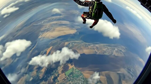 Combat soldier parachuting from military aircraft in clear sky during daytime, A combat soldier or parachutist jumps out of a plane to practice air combat