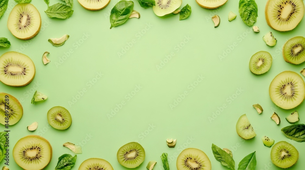 Poster flat lay of kiwi slices and basil leaves forming a frame on a green background.