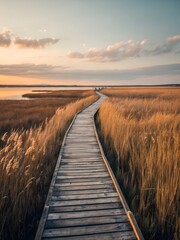 Fototapeta premium Wooden boardwalk through golden reeds landscape nature photography