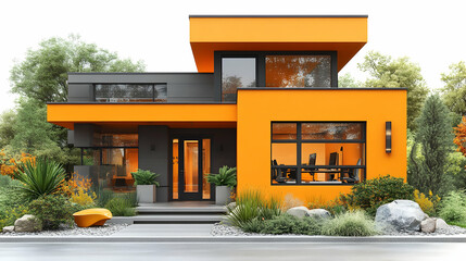Vibrant orange modern home with gray accents, landscaped yard, and large windows