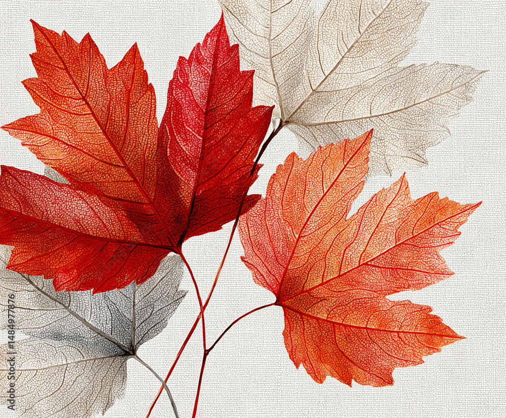 Poster skeleton maple leaves in red and white colors organized on a textured surface. macro view of natural
