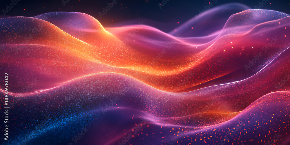 Poster abstract wavy landscape background with vibrant gradient of pink orange blue and sparkling particles