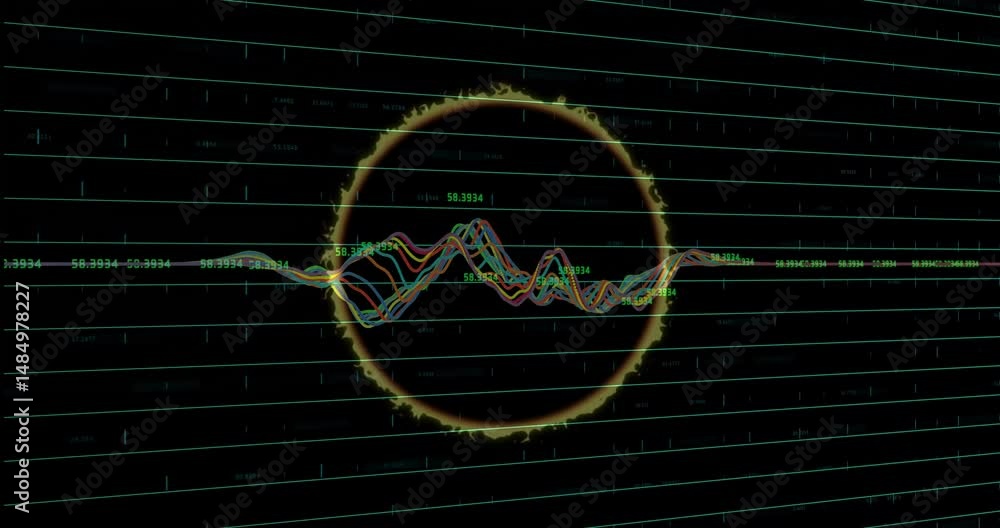 Poster ui displaying glowing circular frame intersecting colorful waveform, showing neon grid and numbers