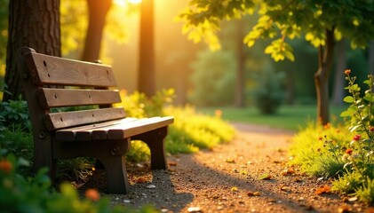 Warm sunlight bathes an empty wooden bench, inviting relaxation , garden, texture, empty