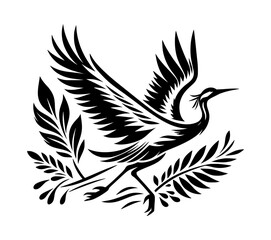 Obraz premium Flying Japanese Crane Bird Logo Vector in Black on White