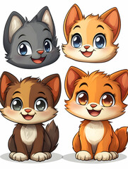 Obraz premium Four adorable cartoon kittens, two headshots and two full-body shots, in gray, orange, and brown hues, with large eyes and cheerful expressions, set against a white background