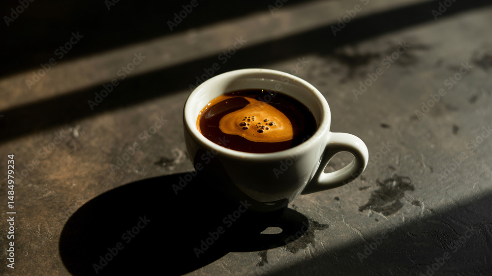 Poster espresso shot with dramatic side lighting and dark background shadows creating mood and texture