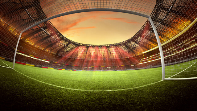 Dynamic stadium. Wide angle of grand soccer arena from goal view under sunset sky, with packed fans surrounding field. 3D render, fisheye view. Concept of sport, match, competition, event, game