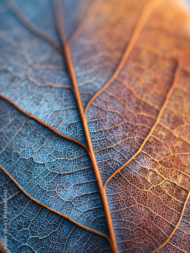 Poster abstract macro detail of a translucent dry leaf skeleton with intricate vein grid. organic nature pa