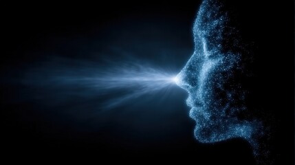 Emotive silhouette of a female profile composed of luminous particles exhibiting digital energy and focus radiating vibrancy in a cosmic ambiance symbolizing creativity and insight