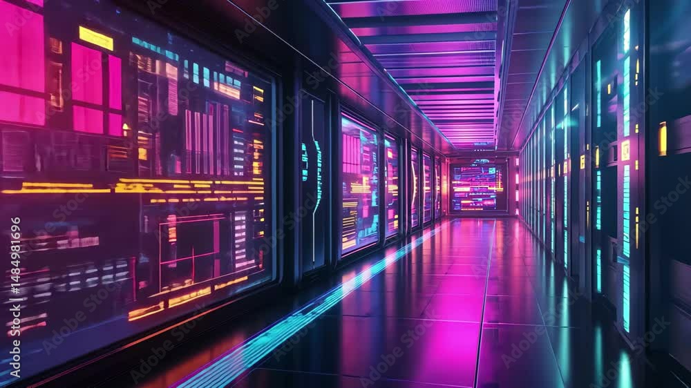 Poster futuristic corridor featuring glowing digital displays showcasing advanced technology and data integ