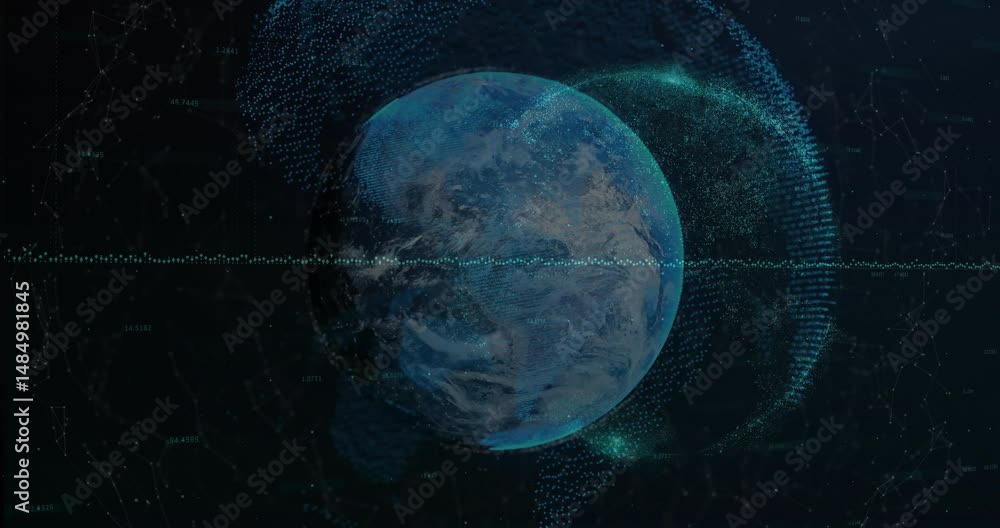Poster 3d rendering digital earth globe rotating center, network lines swirling, waveform slicing midline