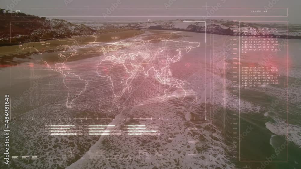 Poster digital world map overlaying coastal landscape, showing animated flow lines scanning grid panels