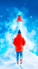 A lone figure in a red coat walks towards a lighthouse emitting ethereal light, through a snowy landscape under a vibrant blue sky, small snowflakes falling
