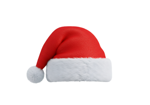 透明な背景の柔らかい毛皮のトリミングの赤と白のサンタ帽子がお祝いのクリスマスの季節の装飾を象徴