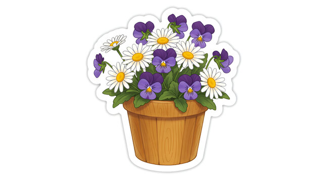 daisies and pansies in wooden pot clip art preview
