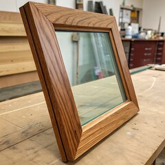 A beautifully crafted wooden picture frame with glass, showcased on a workbench in a woodworking shop.