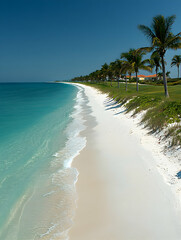 Pristine beach with turquoise water, white sand, and palm trees lining a verdant shore under a clear blue sky