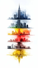 Obraz premium Seven stylized cityscape skylines layered vertically, each in a distinct color palette, creating a vibrant, almost spectral effect, culminating in a mirrored reflection at the bottom