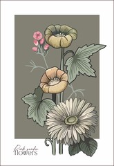 Daisies, anemones, foxgloves - modern botanical card in soft tones. Digital illustration with text for branding, printing.