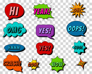 Retro comic bubbles and elements set with text and colorful pop art on transparent PNG background vector illustration. Pop style, vintage template.
