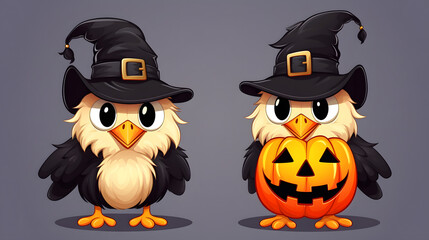Adorable Halloween Chicken in Witch Costume with Pumpkin, Festive Farm Animal Concept