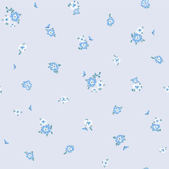 Vector illustration. Seamless pattern of delicate small blue flowers on a light gray background. Ditsy floral blue pattern, field of flowers, print for fabric, textile, wallpaper, baby clothes