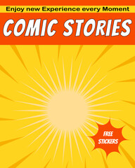 Comic book retro cover design background and sale text with comic stories. pop art style, vintage cover template design vector illustration.