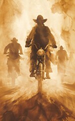 A lone figure rides a motorcycle through a dusty, sepia-toned landscape, pursued by two shadowy figures, evoking a sense of freedom, adventure, and mystery.