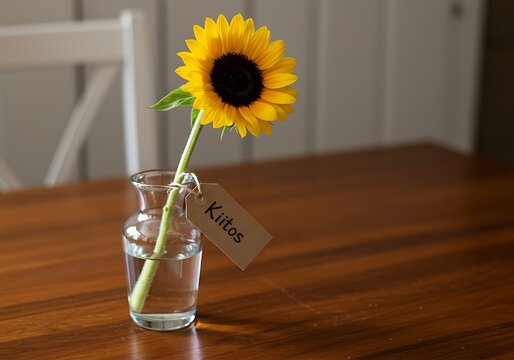 Sunflower in Vase on Table with Kiitos Tag