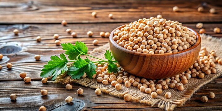 Chickpeas in a bowl with scattered cumin seeds and coriander leaves on a wooden table, wood, coriander leaves,  wood