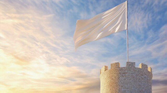 Realistic animation of a white flag waving on a castle tower against a beautiful sunset sky
