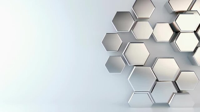 Metallic hexagons creating an abstract pattern on a white background