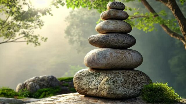 Buddhist stone tower embodies balance and tranquility in a serene natural setting, Buddhist stone tower balance and equilibrium nature scene Seamless