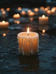 A single, melting pillar candle, adrift in dark water, surrounded by softly glowing candles in the background, reflecting on a still surface