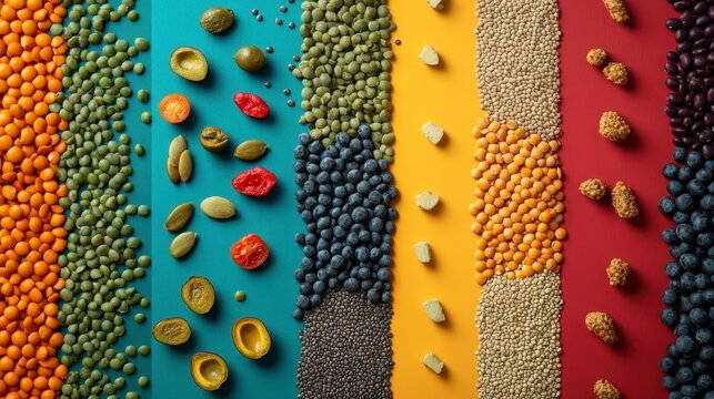 Colorful array of various lentils, legumes, and grains arranged in vertical stripes on a vibrant background.