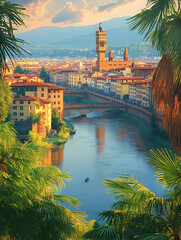 Naklejka premium Serene sunset view of a historic European city, framed by lush palm fronds, showcasing a river, bridge, and prominent tower