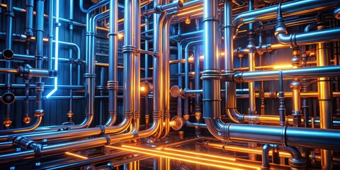 Intricate network of glowing tubes with vibrant orange and blue illumination, futuristic technology, interconnected systems