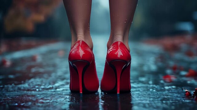 Stunning red high heels reflect shimmering rainwater on a wet street. The scene captures the ambiance of a cool late evening surrounded by autumn leaves.