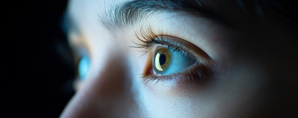 A close up of a human eye with long eyelashes looking to the side in dark blue lighting effect