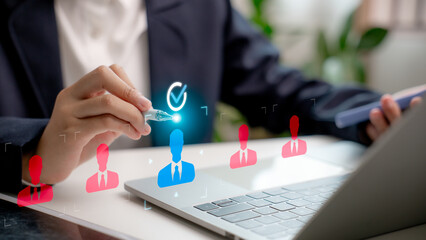 Digital recruitment process concept depicting HR selecting a candidate via a virtual interface, representing online hiring, job application screening, and modern human resource technology.